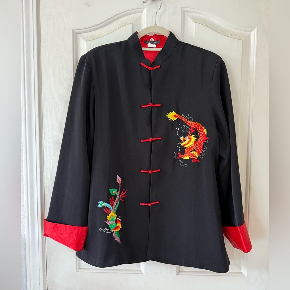 Chinese Black Jacket with Embroidery and Red Accents